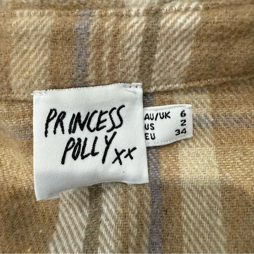 Princess Polly Mila Plaid Flannel Button Up Shirt Women’s 2 Tan/White Cozycore - Picture 5 of 7